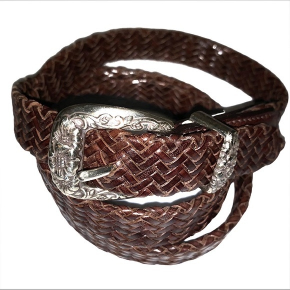 Talbots M brown braided leather belt silver buckle
